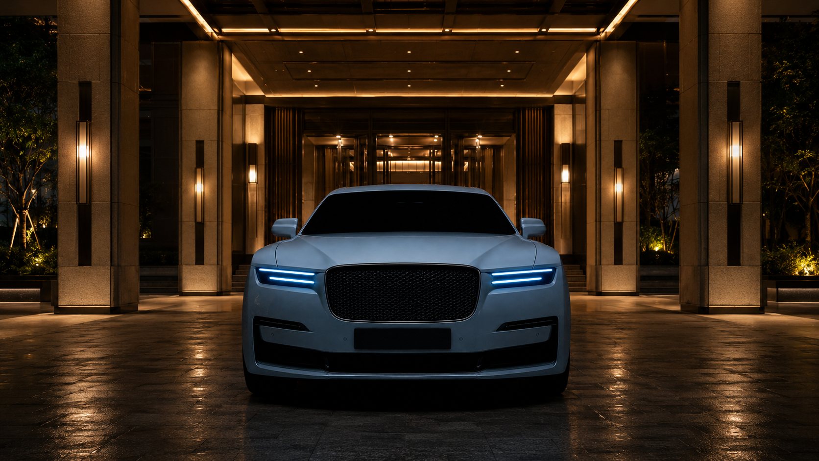 Car waiting at a hotel entrance at night
